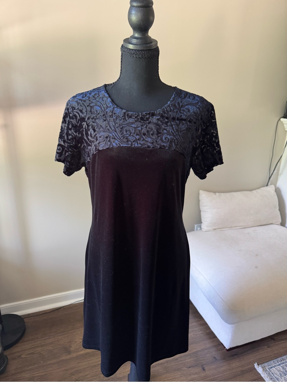 Women’s Black Velvet Midi Dress with Burnout Velvet Yoke